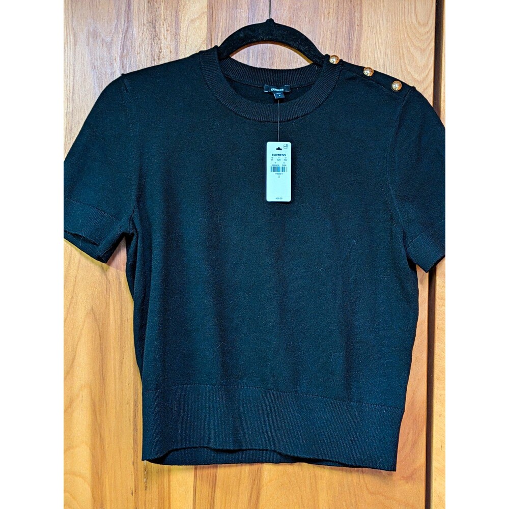 Express New Women's Black Knit Crew Neck Short Sleeve Button Shoulder Sweater S